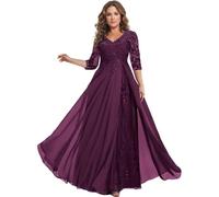 Mifeiwukawa 3/4 Sleeve Mother of The Bride Dress for Wedding Lace Chiffon Long Dress for Wedding A Line Formal Evening Gown Women (Plum, EU-48)