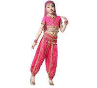 Mifeiwukawa Girl 8PCS Dance National Bollywood Belly Dance Costume Performance Costume Stage Top and Lantern Pants with Bells Suit Carnival Dancer Outfit Suit (Rose8cs, XL)