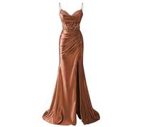 Mifeiwukawa Spaghetti Straps Satin Lace Appliques Prom Dresses for Women with Slit V-Neck Mermaid Long Evening Formal Party Gown (Burnt Orange, 38)