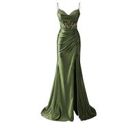 Mifeiwukawa Spaghetti Straps Satin Lace Appliques Prom Dresses for Women with Slit V-Neck Mermaid Long Evening Formal Party Gown Women (Olive Green, 34)
