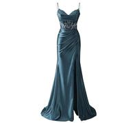 Mifeiwukawa Spaghetti Straps Satin Lace Appliques Prom Dresses for Women with Slit V-Neck Mermaid Long Evening Formal Party Gown Women (Peacock, 34)