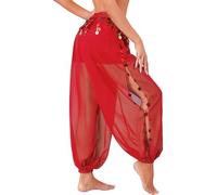 Mifeiwukawa Women Belly Dance Harem Pants with Side Split Sequin Detail Yoga Trousers for Arabic Dance Halloween Costume Shiny Elastic Waist Comfortable Fit (Red, One size)