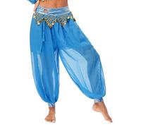 Mifeiwukawa Women's Belly Dance Harem Pants with Side Split Sequin Detail Shiny Yoga Trousers for Arabic Halloween Party Comfortable Elastic Waist (02#SkyBlue, One Size)