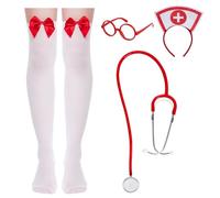 mifengdaer Nurse Costume Halloween Women Costume Accessories Red Nurse Hat Headband Cosplay Outfit Set Includes Headband Glasses Stethoscope High Sock for Halloween Cosplay Party