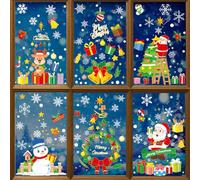 Mifferer 235 Christmas Window Stickers, 8 Sheet White Snowflakes,Christmas Tree, Santa Claus, Gift Box Window Clings PVC Static Stickers for Xmas Christmas Window Display Christmas Decorations