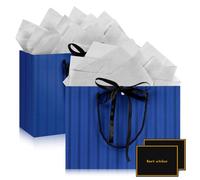 Mifferer Gift Bag for Presents, Medium Birthday Gift Bag, Blue Paper Bags, Womens Mens Present Bag with Handles for Birthday Valentines Celebrations Party Wedding Bridesmaid Christmas New Years Eve