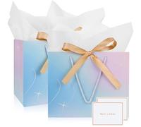 Mifferer Gift Bags for Present, 2 Pack Medium Gift Bag with 2 Wrappers and 2 Cards, Paper Gifts Bags Shopping Bags with Handles for Women Men Birthday Wedding Party Christmas Bags 28x10x20 cm (Blue)