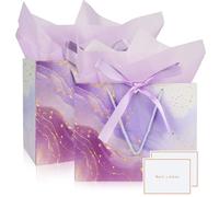 Mifferer Gift Bags for Present, 2 Pack Medium Gift Bag with 2 Wrappers and 2 Cards, Paper Gifts Bags Shopping Bags with Handles for Women Men Birthday Wedding Party Christmas Bags 28x10x20 cm (Purple)