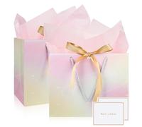 Mifferer Gift Bags for Present, 2 Pack Medium Gift Bag with 2 Wrappers and 2 Cards, Paper Gifts Bags Shopping Bags with Handles for Women Men Birthday Wedding Party Christmas Bags 28x10x20 cm (PINK)