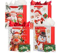 Mifferer Gift Bags for Presents, 4 Pack Multipack Christmas Medium Gift Bag with Tissue Papers and Cards, Kids Adult Gift Present Bag, Shopping Bag for Holiday Xmas Event Party, 23×18×10 cm