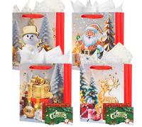 Mifferer Gift Bags for Presents, 4 Pack Multipack Christmas Medium Gift Bag with Tissue Papers and Cards, Kids Adult Gift Present Bag, Shopping Bag for Holiday Xmas Event Party, 23×18×10 cm