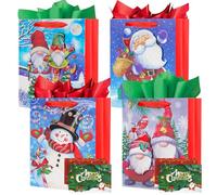 Mifferer Gift Bags for Presents, 4 Pack Multipack Christmas Medium Gift Bag with Tissue Papers and Cards, Kids Adult Gift Present Bag, Shopping Bag for Holiday Xmas Event Party, 23×18×10 cm