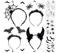 MIFKLMV 4 pcs Halloween Headbands, Halloween Accessories Headwears with 3 pcs Tattoos Sticker, Spider Bat Spider Web Devil Horns Headwear with Removable Spider Bat Tattoo for Women Kids Adults