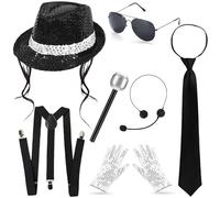 MIFKLMV MJ Costume Accessories Adults Disco Costume Set 80s Dancer Rocker Star Cosplay Fancy Dress Accessories with Jazz Sequin Hat Glove Tie King of Pop Fancy Dress Set for Carnival Dance Party