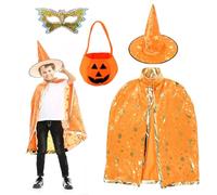 MIFKLMV Wizard Cape with Hat Kids, Halloween Kids Costumes, Wizard Cape Witch Cloak with Hat, Pumpkin Candy Bag and Eye Mask, Halloween Children Costume Props for Children Cosplay Party