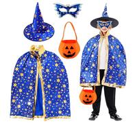 MIFKLMV Wizard Cape with Hat Kids, Halloween Kids Costumes, Wizard Cape Witch Cloak with Hat, Pumpkin Candy Bag and Eye Mask, Halloween Costume Props for Children Cosplay Party