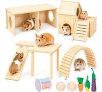 Mifoci 10 Pcs Hamster Cage Accessories Wooden Including Climbing Ladder Platform Multi Chamber Exploring House Flexible Bridge Fence Rolling Chew Toys for Rat Gerbils Mice Dwarf Syrian