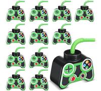 Mifoci 12 Pcs Plastic Video Gaming Cups with Straw and Lid 10oz Gamer Birthday Themed Drink Cups 7th Video Game Party Favors for Kids Toddlers Game Birthday Party (Green)