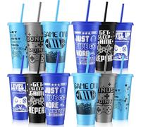 Mifoci 12 Pcs Video Game Plastic Cups with Lids and Straws Reusable Tumbler with Lid and Straw Cute Iced Coffee Travel Cups Mug Water Bottle for Adult Kid Gaming Birthday Supplies (Classic Color)