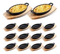 Mifoci 12 Sets Cast Iron Skillet with Wooden Base Mini Cast Iron Fajita Bowls Oval Dish Tray Serving Sizzling Plate for Baking Roasting Cooking Kitchen Restaurant,8.7 x 4.7 x 1.6 Inch