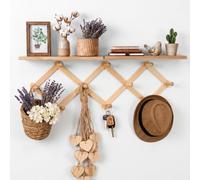Mifoci 3 Pcs Wooden Wall Shelves Set - 15.7" Floating Display Shelves and 37.8" Expandable Wall Mount Coat Rack with 10 Hook, Decorative Walls Hanging Organizer for Hat Keys Entryway Bathroom
