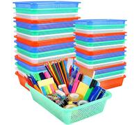 Mifoci 32 Pack Plastic Classroom Storage Baskets Bins, Mixed 2 Size Colorful Organizer Trays, Crayon Pencil Holder Baskets Containers for A4 Paper Home Office Kitchen Playroom