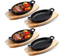 Mifoci 4 Pcs Mini Cast Iron Skillet with Wooden Base 8.5 x 6.1 x 1.7 Inches | Oval Cast Iron Skillet Set, Fish Plate, Fajita Pan, BBQ Kitchen Combo Set, Wooden Base Trivet, Oven Safe, Matte Black