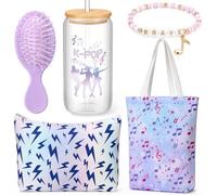 Mifoci 5 Pcs Kpop Gift Set Includes 16.9oz Tumbler, Tote Bag, Makeup Pouch & Massage Brush, Bracelet K-pop Room Decor Purple Musical Notes Birthday Gifts for Fans Kpop Music Party Accessories