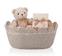 Mifoci Scalloped Small Storage Basket Round Rope Basket with Handles Boho Cotton Rope Gift Baskets Organizer Baskets for Baby Shower Bedroom Nursery Toys Organizing (Brown,Rectangle Style)