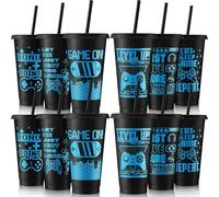 Mifoci Video Game Plastic Cups with Lids and Straws Reusable Tumbler with Lid and Straw Cute Iced Coffee Travel Cups Mug Water Bottle for Adult Kid Gaming Birthday Supplies(Black, Blue,12 Pcs)