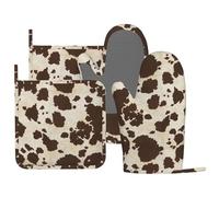 MIFSOIAVV Brown Cowhide Oven Mitts and Pot Holders Sets Silicone Brown Cow Print Kitchen Mitts Cowhide Skin Pattern Potholders Heat Resistant 4Pcs Oven Gloves Hot Pads for Kitchen Baking Cooking