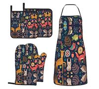 MIFSOIAVV Forest Owl Deer Hedgehog Fox Oven Mitts and Pot Holders Sets with Apron 5Pcs Heat Resistant Fox Kitchen Mitten Gloves and Non-Slip Potholders Apron Sets Oven Gloves Hot Holders for Baking