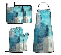 MIFSOIAVV Modern Art Abstract Gery Turquoise Oven Gloves and Pot Holder Sets with Apron, 5 Pieces Turquoise Kitchen Gloves and Pot Holder Apron Sets Teal Oven Gloves Hot Holders for