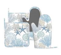 MIFSOIAVV Nautical Coastal Oven Mitts and Pot Holders Sets Silicone Starfish Seashell Coral Beach Themed Kitchen Mitts Potholders Heat Resistant 4Pcs Ocean Oven Gloves Hot Pads for BBQ Grilling,Blue