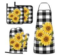 MIFSOIAVV Oven Gloves and Potholders, Sunflower, Black and White, Buffalo Plaid, with Apron, 5 Pieces, Yellow Flowers, Lumberjack Plaid, Kitchen Gloves, Gloves and Potholders, Apron,