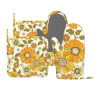 MIFSOIAVV Retro 70s Style Flower Oven Mitts and Pot Holders Sets Silicone Kitchen Mitts Potholders Heat Resistant 4Pcs Oven Gloves Hot Pads for Kitchen Baking Cooking BBQ Grilling