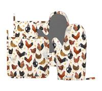 MIFSOIAVV Rooster Hen Oven Mitts and Pot Holders Sets Silicone Rustic Domestic Animal Chicken Kitchen Mitts Potholders Heat Resistant 4Pcs Oven Gloves Hot Pads for Kitchen Baking Cooking BBQ Grilling