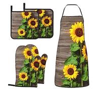 MIFSOIAVV Spring Sunflowers On Board Oven Mitts and Pot Holder Sets with Apron, Heat Resistant Kitchen Gloves and Non-Slip Pot Holders, Apron Sets, Oven Mitts, Hot Holders for Baking