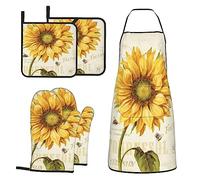 MIFSOIAVV Sunflowers Oven Mitts and Pot Holders Sets with Apron 5Pcs Heat Resistant Vintage Sunflower Bee Kitchen Mitten Gloves and Non-Slip Potholders Apron Sets Oven Gloves Hot Holders for Baking