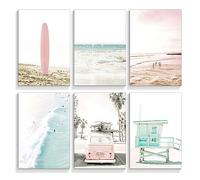 mifyuibytr Set of 6 Beach Canvas Wall Art, 12x16in Tropical Summer Ocean Coastal Posters, Preppy Gallery Beach Prints, Girly Nautical Surfboard Bus Room Decor, California Beachy Pictures Unframed