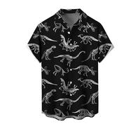 MIGFAXU Mens Short Sleeve Button Down Shirts Casual Printed Button Up Shirts Hawaiian, Black White Dinosaur Skeleton World, XXL