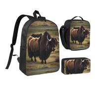 Mighty Highland Yak 17 Inch Backpack Lunch Bag Pencil Case Set, Cute Print, Durable Oxford Cloth.