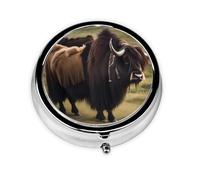 Mighty Highland Yak Round Mini Pill Box: 3-Compartment Portable Metal Pill Organizer with Snap Closure, Ideal for Daily Travel Use