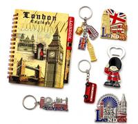 Mighty Majesty London Gift Set 8 Piece - Notebook, Pen, Keychains, Bottle Openers & Fridge Magnet - British Souvenir Collection, Big Ben, Union Jack, Red Bus