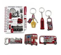 Mighty Majesty London Gift Set 8 Piece - Notebook, Pen, Keychains, Bottle Openers & Fridge Magnet - British Souvenir Collection, Big Ben, Union Jack, Red Bus