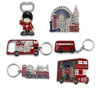Mighty Majesty London Keychains & Magnets Souvenir Set - 6 Piece Silver British Gift Pack - Royal Guard Bottle Opener, London Eye, Big Ben, I Love London Bus