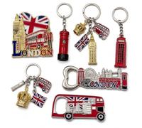 Mighty Majesty London Souvenir Gift Set - Metal Keychains, Fridge Magnet & Bottle Openers - 7 Piece British Landmark Collection - Big Ben, Union Jack, Red Bus