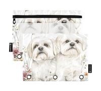 Mighty Maltese Dogs White Ringing Binder with Clear Window Zippered Pencil case Large and Sturdy 3 Ringing Pencil case for Classroom School Office Supplies Multicolored 2 PCS