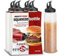 MIGHTY STRONG 4 Pack Condiment Squeeze Bottles 24 Oz -Easy Pour Sauce Bottle With Leak Proof Snap Cap, Plastic Squeeze Bottles For Sauces, Condiment Containers, clear