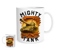 Mighty Tank Mug - WWII Tank Crashing Through Brick Wall - Military History Gift - 11oz White Ceramic Coffee Mug